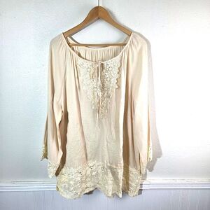 Womens Boho Peasant Blouse Lace Trim Tunic Top Cream Long Sleeve Size 3XL